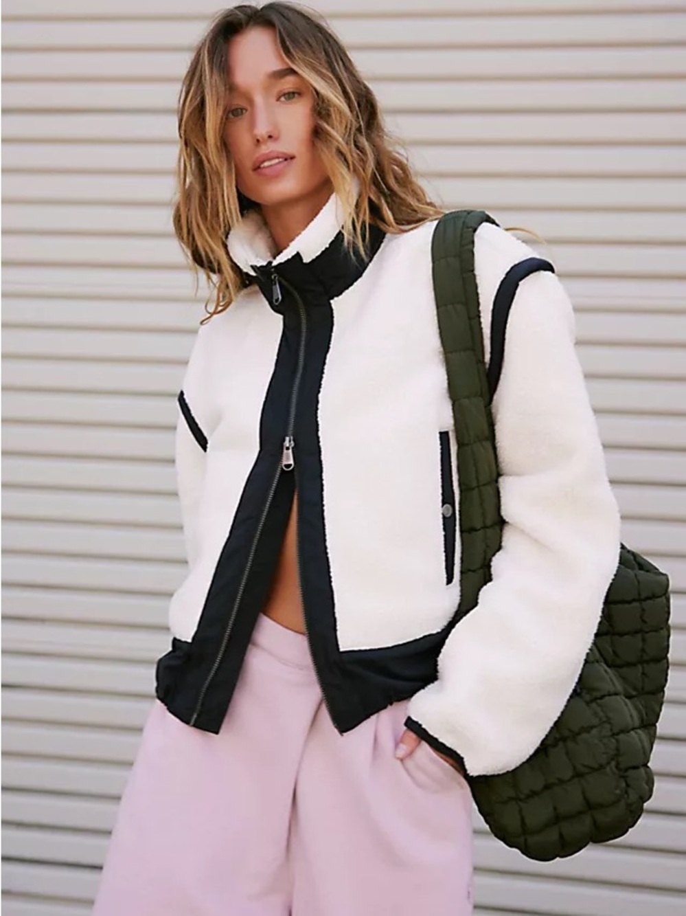 FP Movement by Free People White Sherpa Zip Jacket with Black Trim